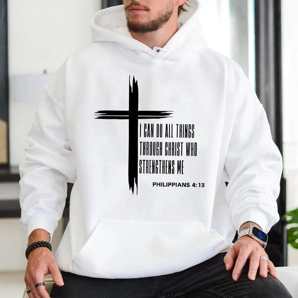 Philippians 4:13 Christian Hoodie | Bible Verse Cross Graphic Print | Premium Cotton-Poly Blend | Religious Gift for Men and 