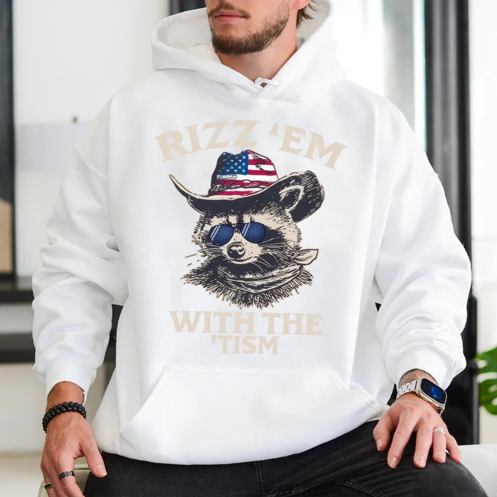Rizz Em With The Tism Hoodie | Funny Raccoon Cowboy Graphic | Premium Soft Cotton Blend | Gift For Neurodivergent Friends Adu
