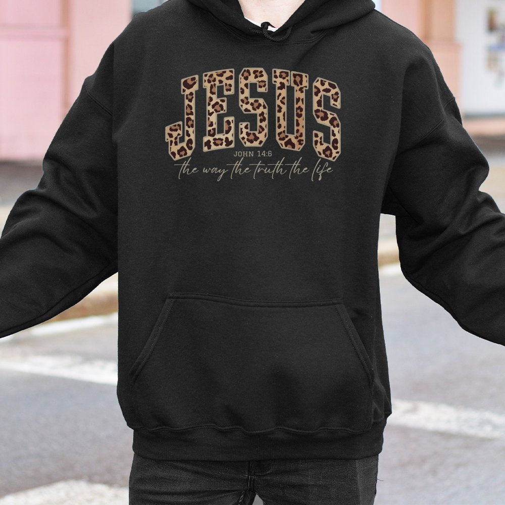 Jesus Leopard Print Hoodie | John 14:6 Bible Verse Graphic | Premium Cotton-Poly Blend | Christian Faith Gift for Women & Men