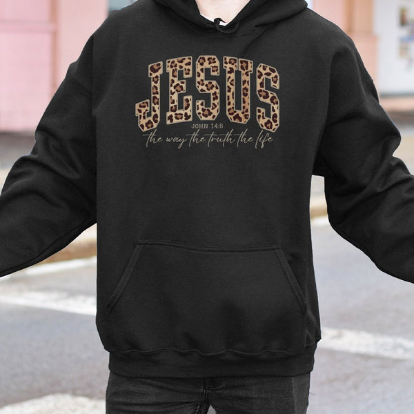 Jesus Leopard Print Hoodie | John 14:6 Bible Verse Graphic | Premium Cotton-Poly Blend | Christian Faith Gift for Women & Men