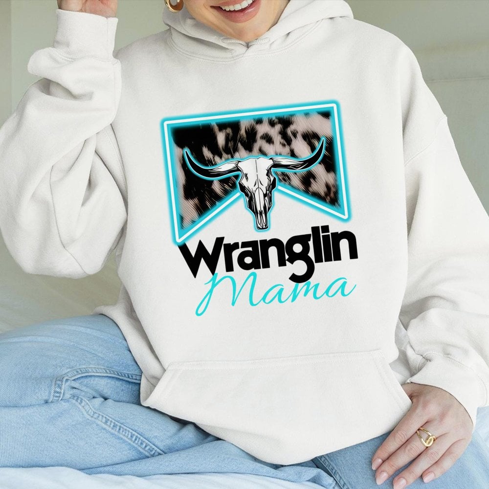 Wranglin Mama Hoodie | Western Cow Skull Graphic Design | Premium Cotton-Poly Blend | Country Ranch Life Gift For Her