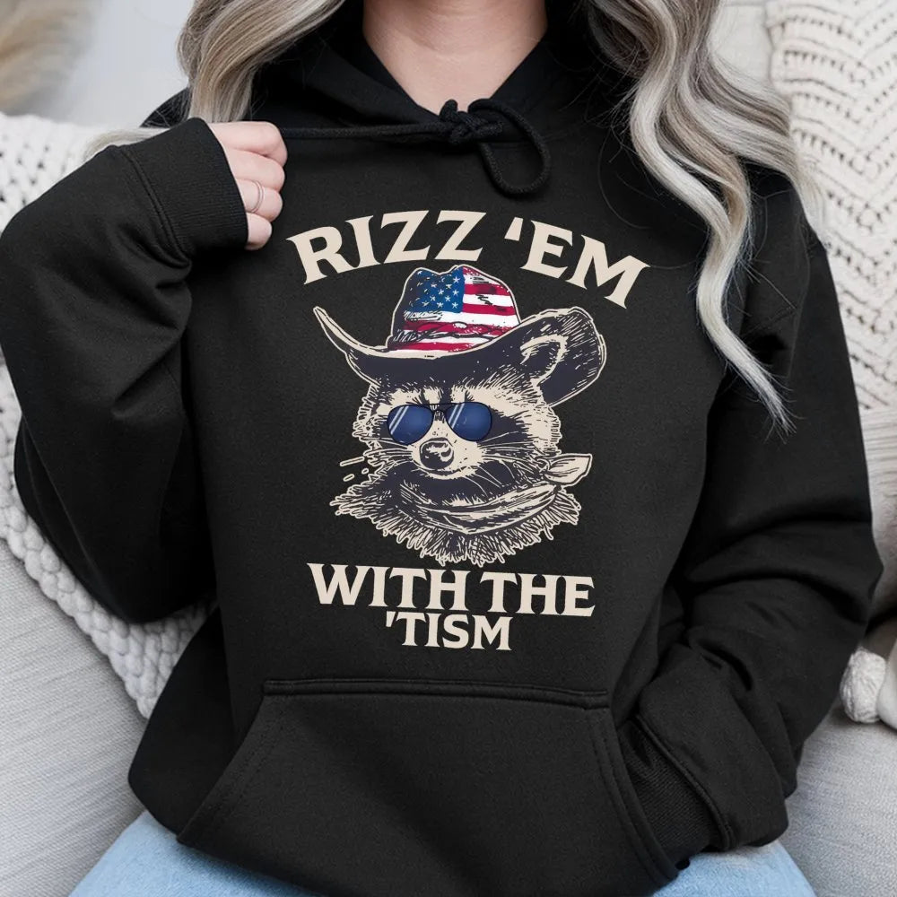 Rizz Em With The Tism Hoodie | Funny Raccoon Cowboy Graphic | Premium Soft Cotton Blend | Gift For Neurodivergent Friends Adu