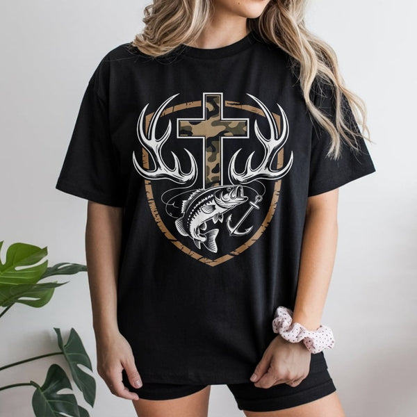 Faith Hunting T-Shirt | Camo Cross Antlers & Bass Fish Graphic | Premium Cotton Unisex Tee | Rustic Outdoor Christian Gift Fo