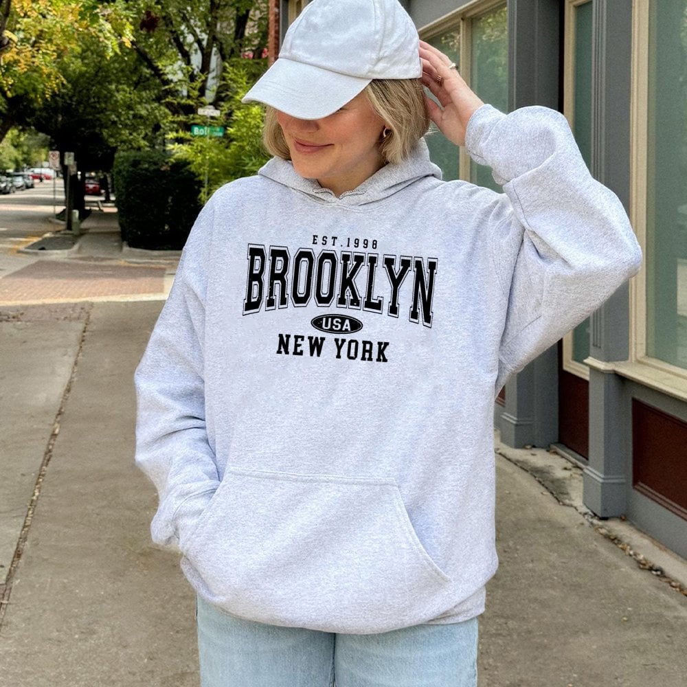 Brooklyn New York Hoodie | Vintage Aesthetic Varsity Lettering | Cotton-Polyester Blend | Unisex City Souvenir Gift