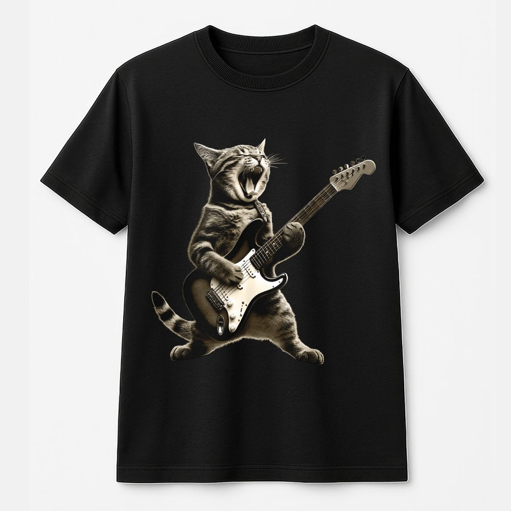 Rock Cat Guitar T-Shirt | Funny Musician Kitten Graphic | Premium 100% Cotton Tee | Unique Gift For Music Lovers & Cat Owners