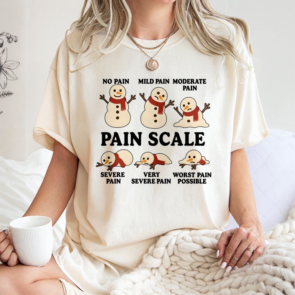 Snowman Pain Scale T-Shirt | Funny Melting Christmas Medical Humor | Premium Cotton Tee | Gift for Nurses Doctors and Healthc
