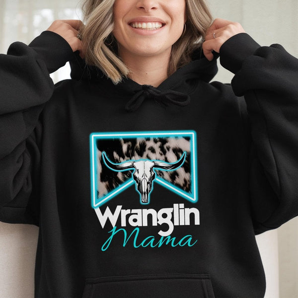 Wranglin Mama Hoodie | Western Cow Skull Graphic Design | Premium Cotton-Poly Blend | Country Ranch Life Gift For Her