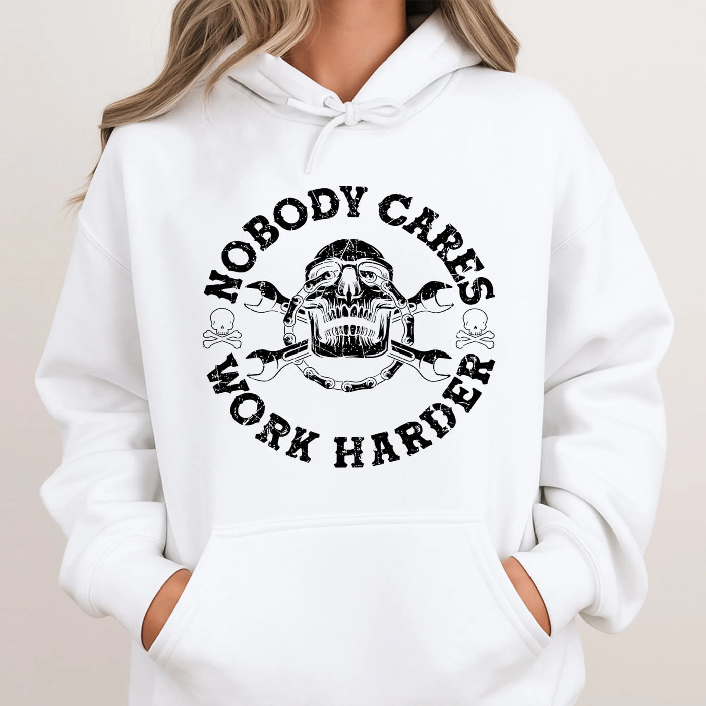 Nobody Cares Work Harder Hoodie | Skull Mechanic Tool Graphic | Premium Cotton Blend | Motivational Gym Apparel Gift For Men