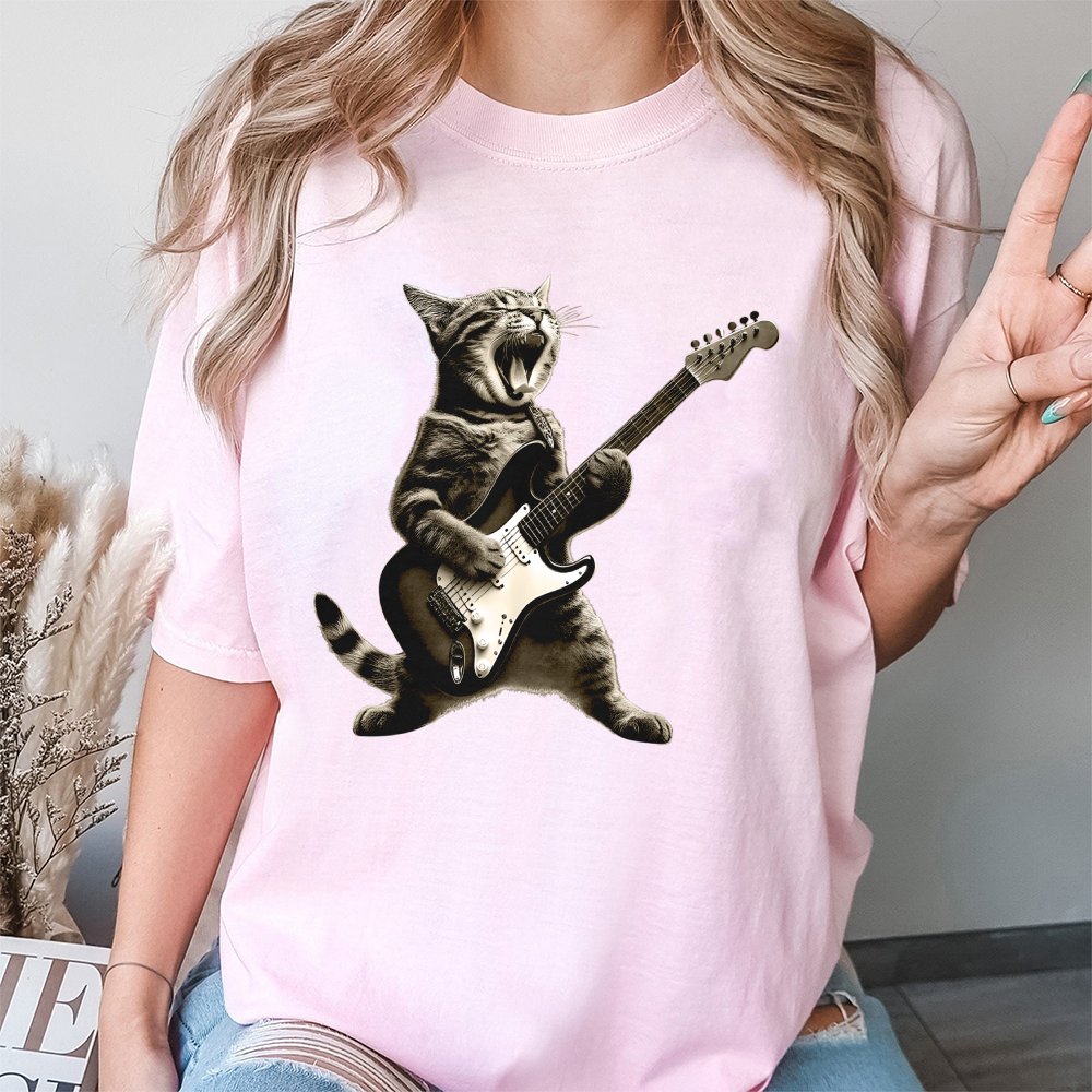 Rock Cat Guitar T-Shirt | Funny Musician Kitten Graphic | Premium 100% Cotton Tee | Unique Gift For Music Lovers & Cat Owners