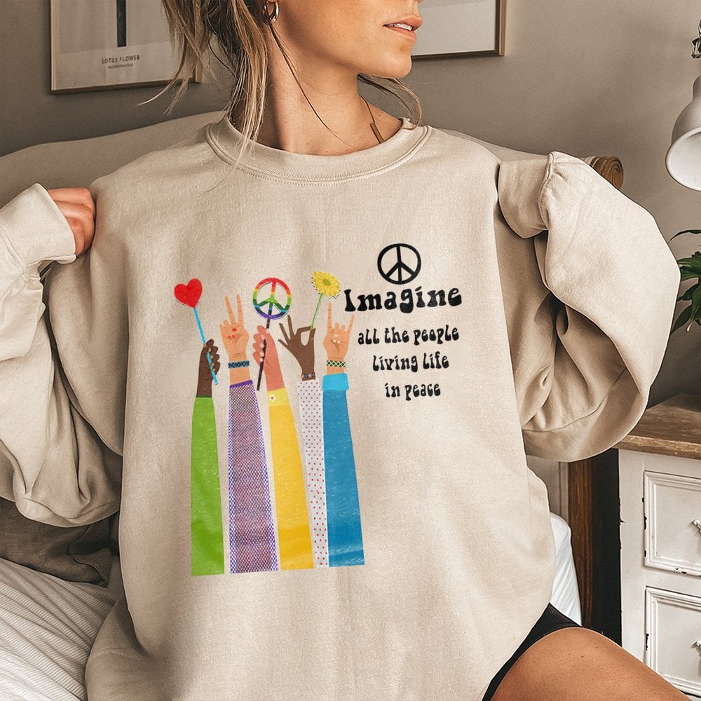 Imagine Peace Graphic Sweatshirt | Retro Hippie Music Quote | Soft Cotton Blend Crewneck | Unisex Boho Gift for Music Lovers