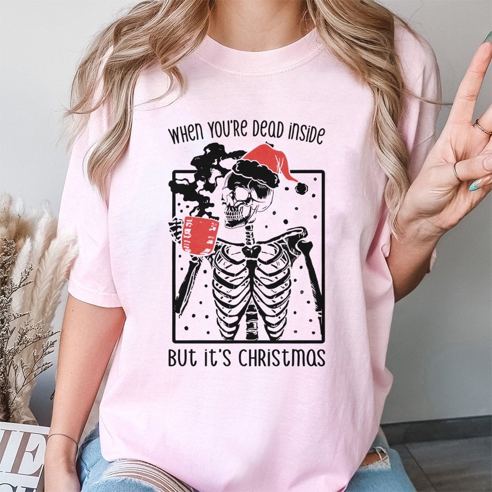 Funny Skeleton Christmas T-Shirt | Dead Inside Coffee Graphic Design | Premium 100% Cotton Tee | Sarcastic Holiday Gift for M