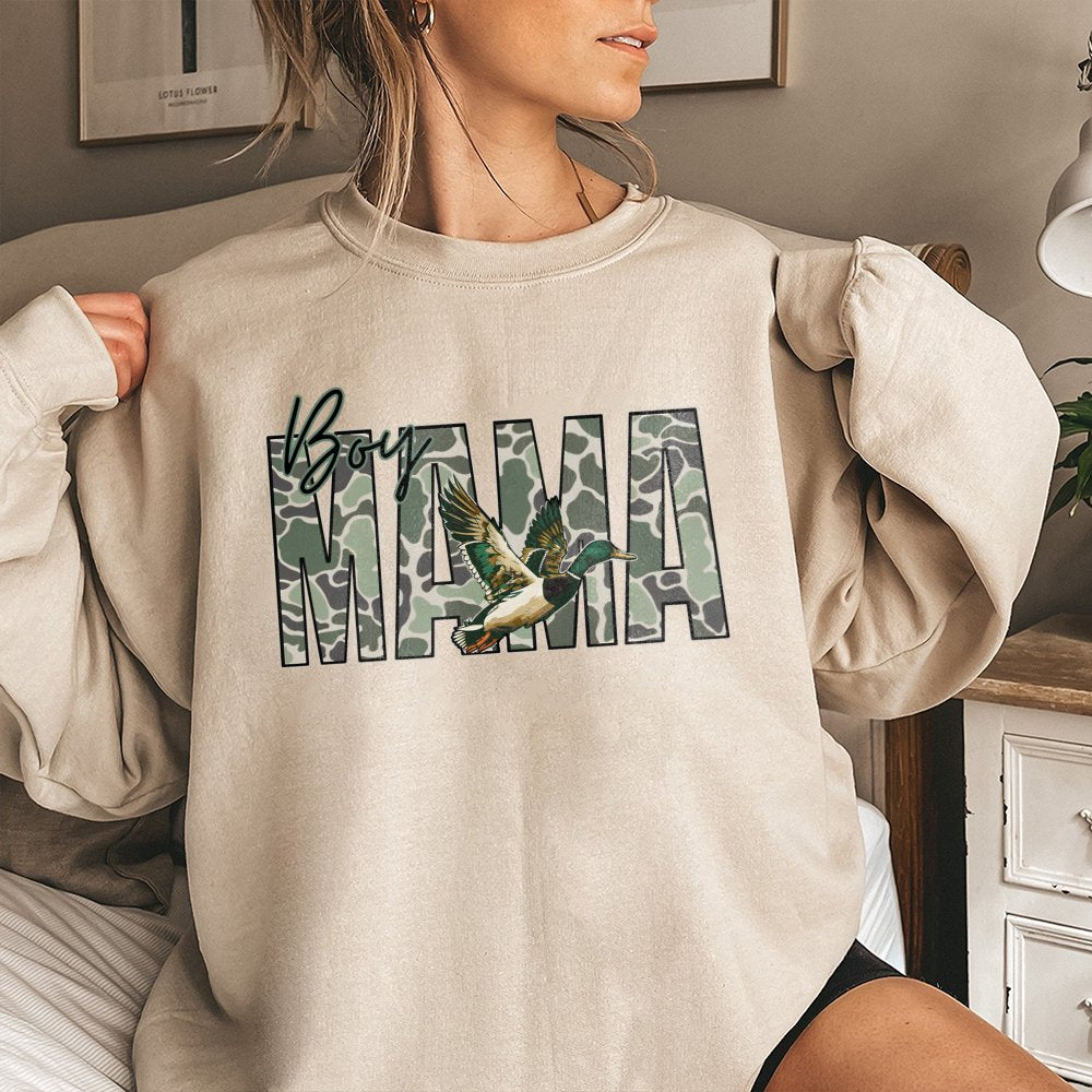 Boy Mama Sweatshirt | Camo Mallard Duck Hunting Design | Premium Cotton Blend Crewneck | Gift For Outdoorsy Mom & Hunting Ent