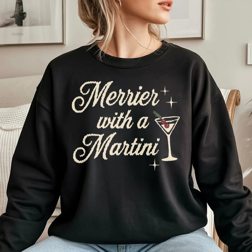 Merrier With A Martini Christmas Sweatshirt | Festive Holiday Drinking Graphic Tee | Premium Cotton Blend Crewneck | Funny Pa