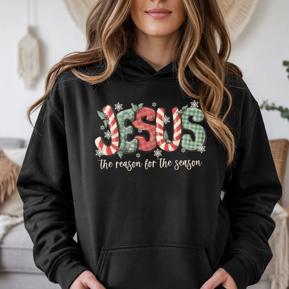Jesus The Reason For The Season Hoodie | Plaid Candy Cane Christmas Design | Premium Cotton Blend | Christian Religious Gift 