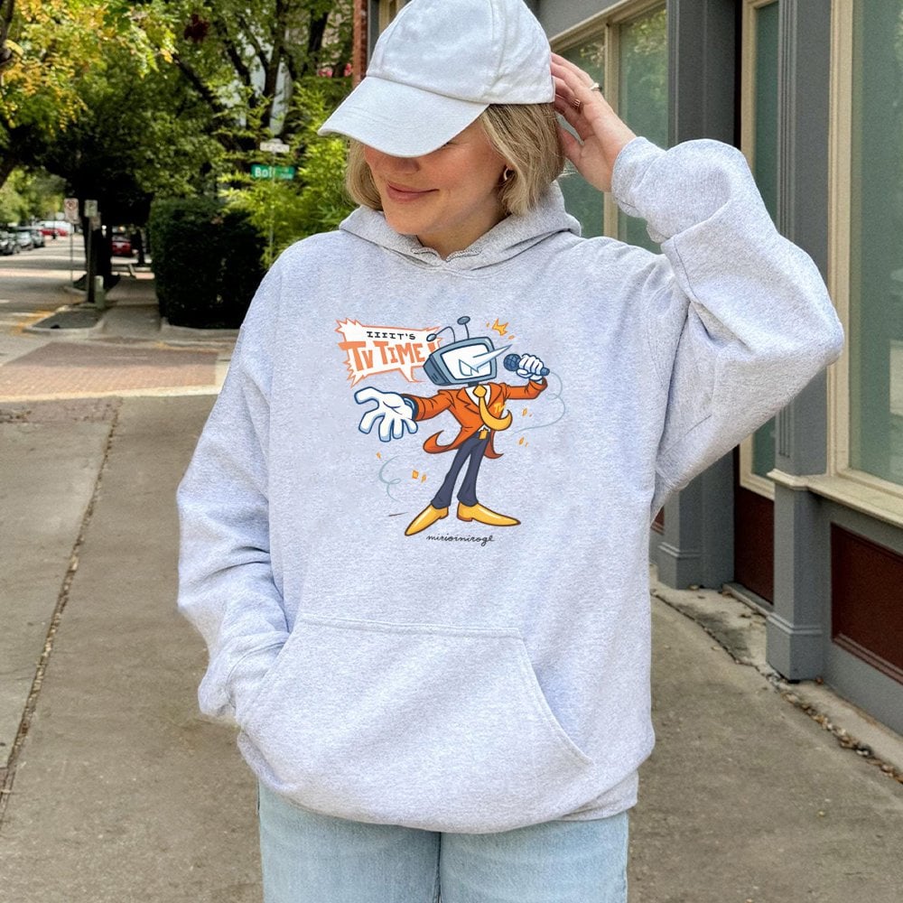 Retro TV Show Host Hoodie | Cartoon Television Character Graphic | Premium Cotton-Blend Fleece | Unique Gaming & Pop Culture 