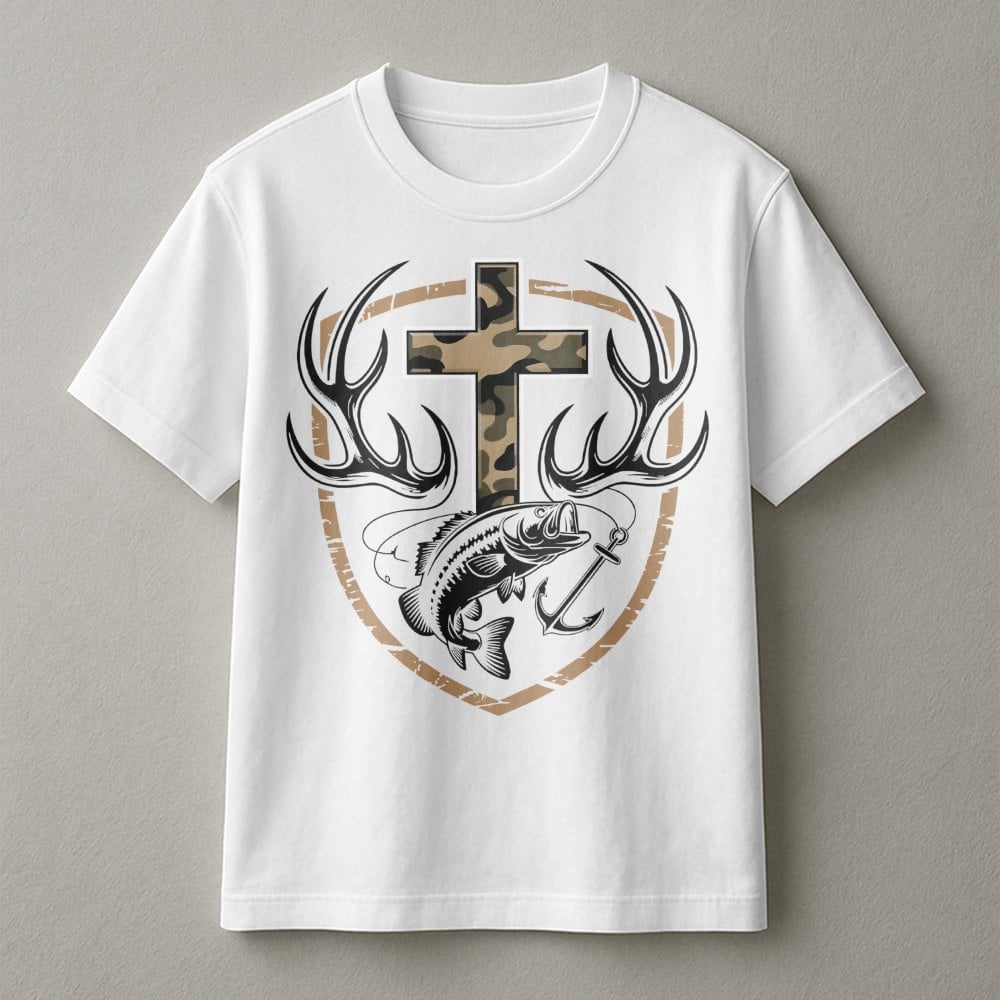 Faith Hunting T-Shirt | Camo Cross Antlers & Bass Fish Graphic | Premium Cotton Unisex Tee | Rustic Outdoor Christian Gift Fo