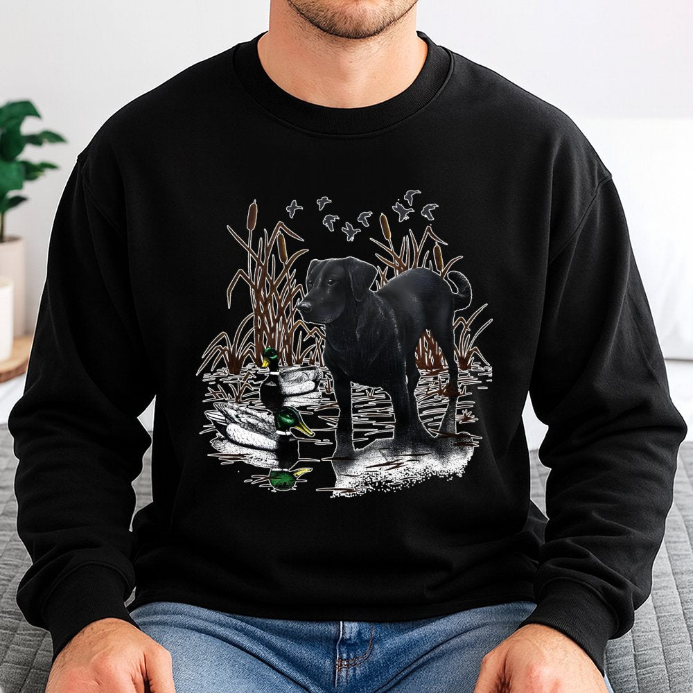 Black Labrador Retriever Sweatshirt | Duck Hunting Nature Graphic | Premium Cotton Blend | Gift for Dog Lover and Outdoorsman